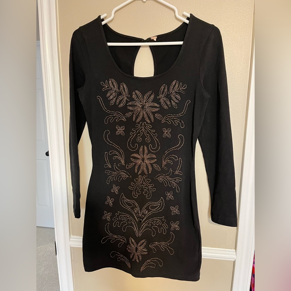 Free People Black Body Con Mini Dress Floral Metallic Detail